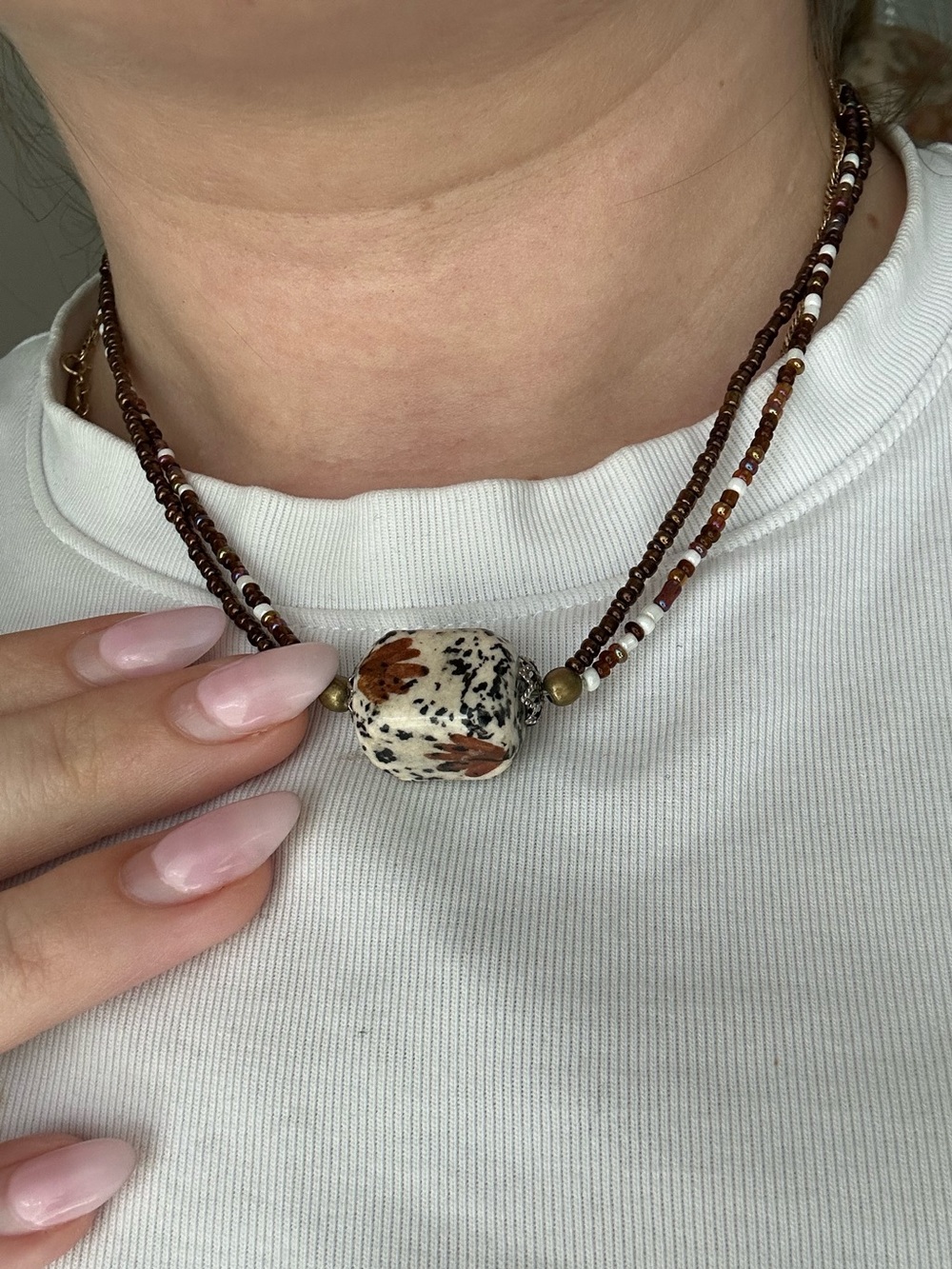 Brown Beaded Necklace with Speckled Focal Bead